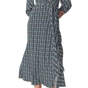 Diane Von Furstenberg Blue and White Patterned Midi Dress